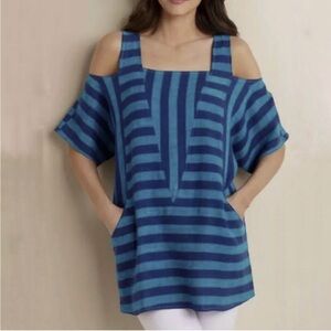 Soft Surroundings Tunic Blue Striped Sunset Cold Shoulder Linen Blend Sz S EUC